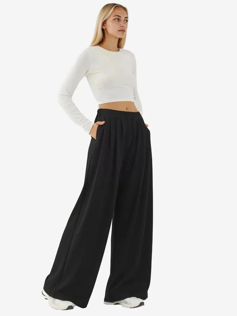 Hiccup Black Soft Touch Pleated Wide Leg Pants for Women | Best Price UAE